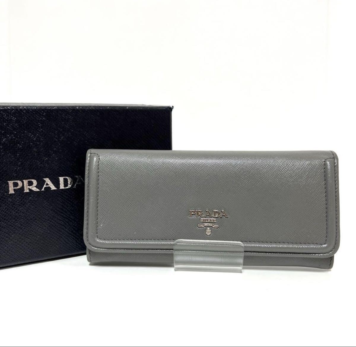 PRADA プラダ サフィアーノ 被せ 長財布 ダブルホック グレー 中古