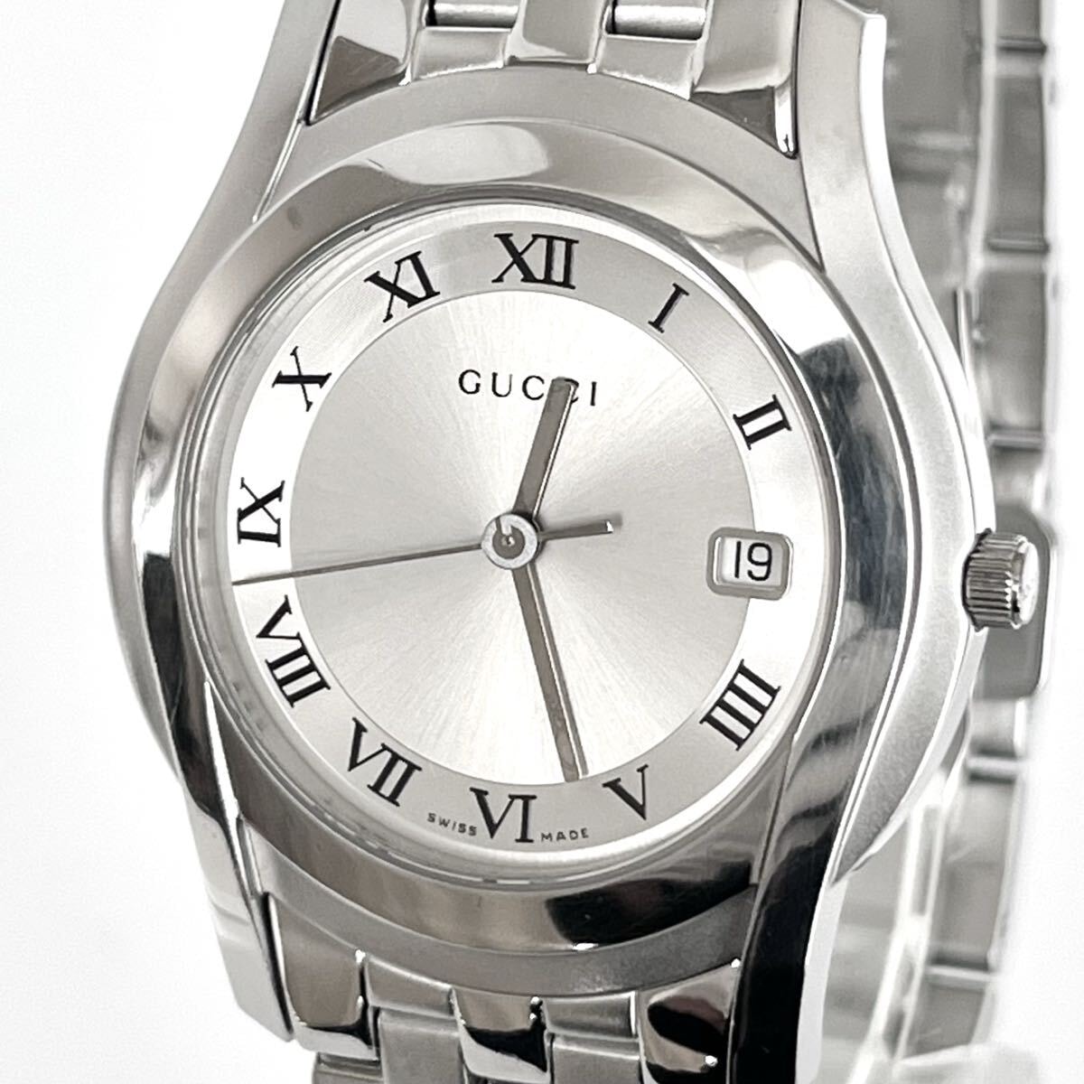 【稼働】磨き済み グッチ GUCCI 5500M メンズ 腕時計 美品 電池新品 シルバー文字盤 s2220