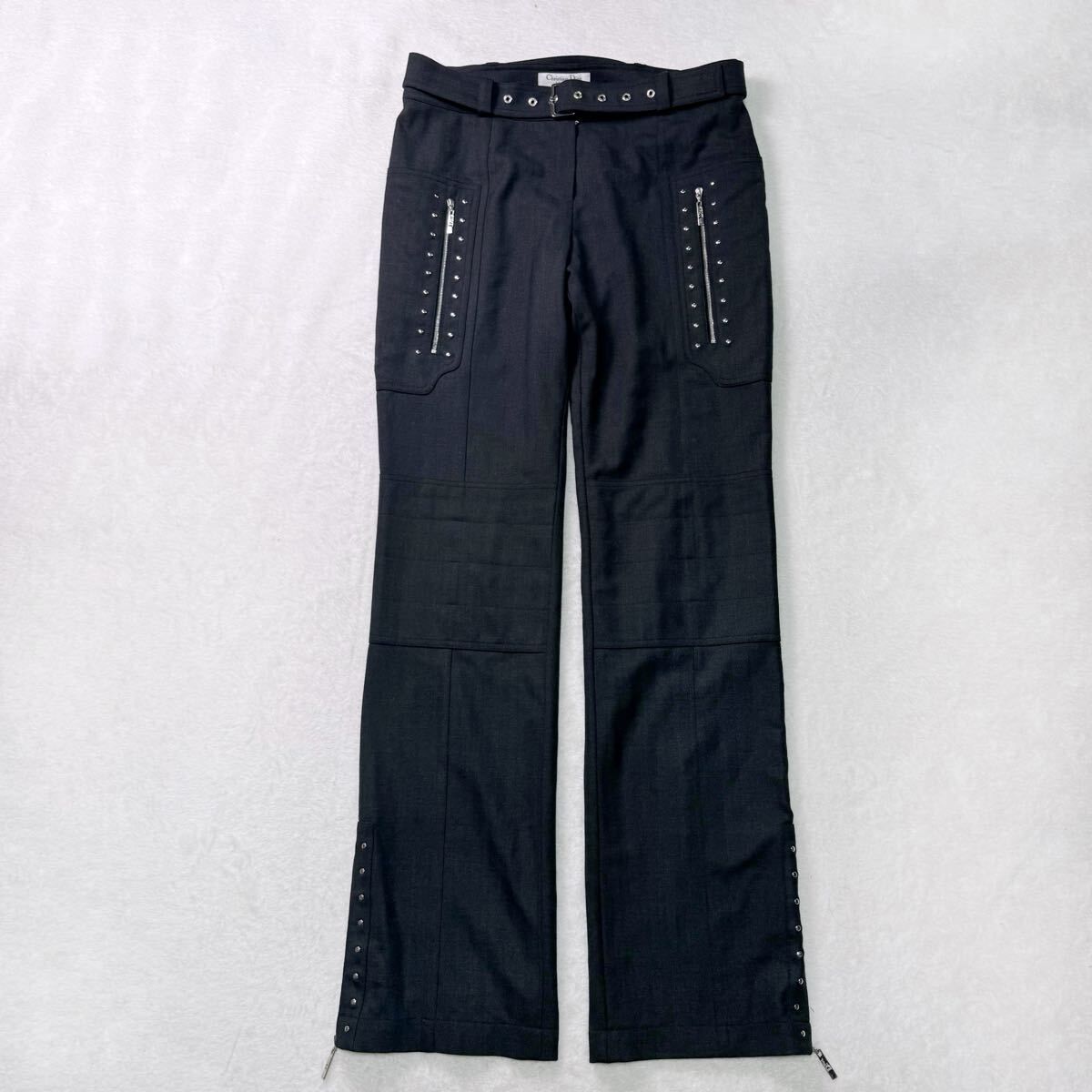 Christian Dior John Galliano Studs Wool Beltslacks ディオール ガリアーノ期 スタッズ ウール バイカーベルトスラックス チャコール 42