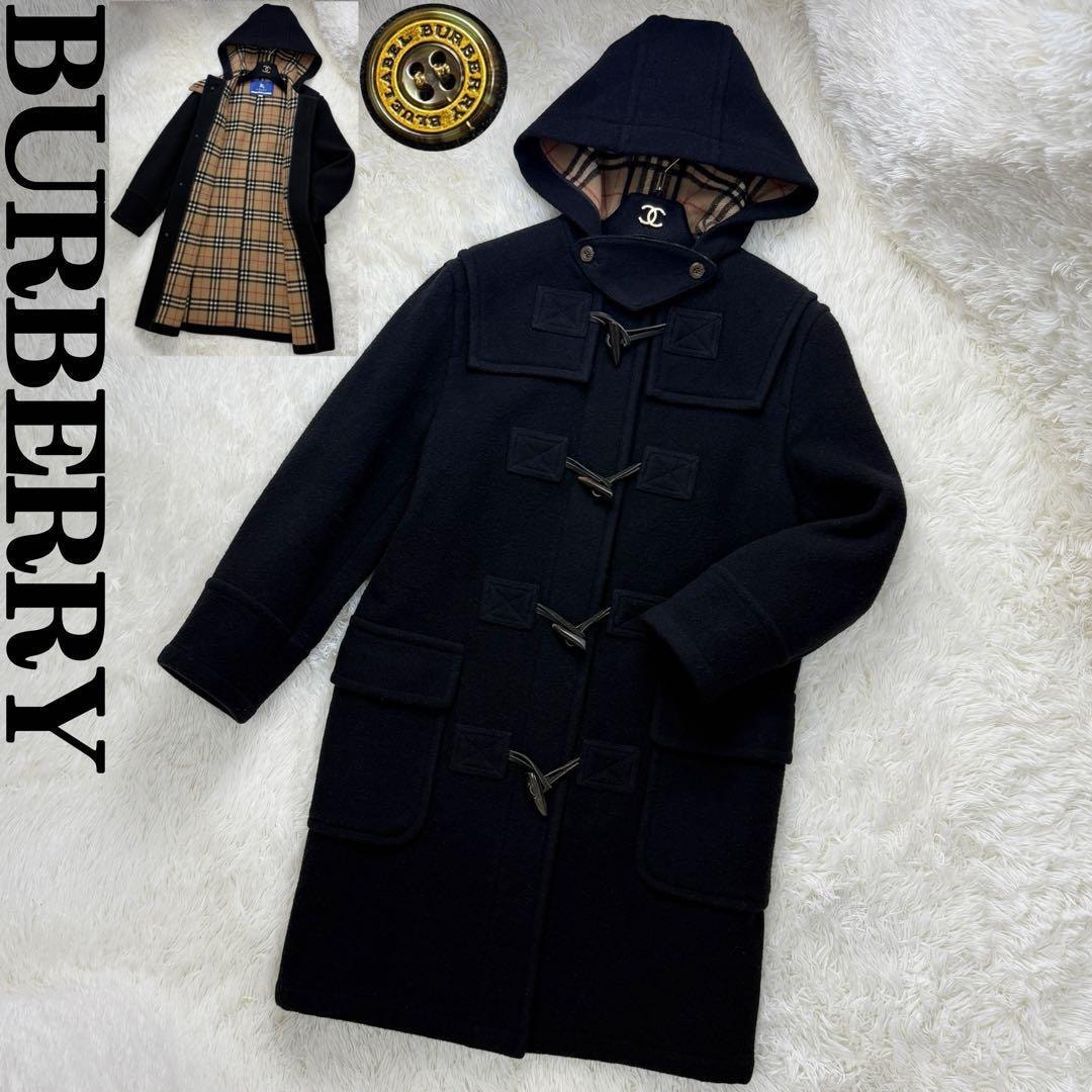 美品 BURBERRY バーバリー ノバチェック ベージュ ロゴ ダッフルコート ブラック レディース 38 Mサイズ
