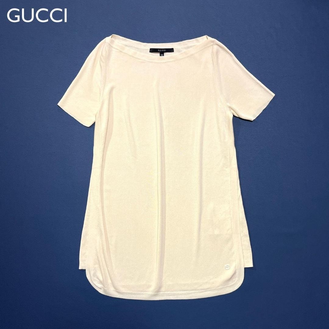 cE85 GUCCI グッチ シルク100% GGロゴ　ボートネックカットソー　極美品　薄手