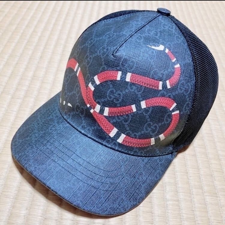 美品 グッチ キングスネーク GGスプリーム ベースボール キャップ XL (60) GUCCI KING SNAKE BASEBALL CAP 野球帽 蛇柄 黒 ブラック BLACK