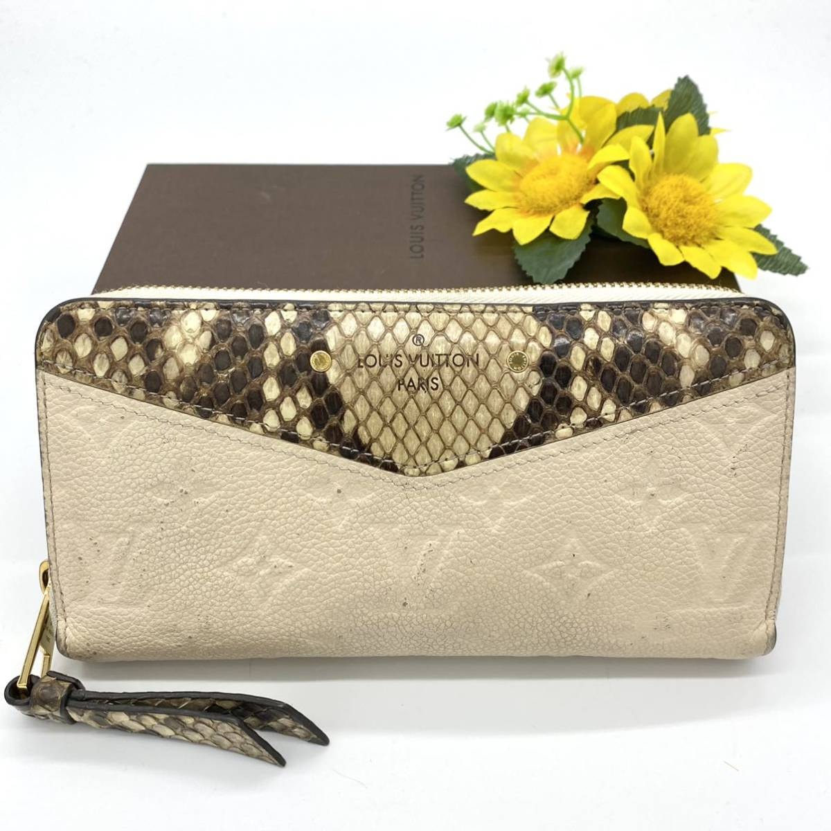 【大特価!!】LOUIS VUITTON ルイヴィトン モノグラム アンプラント パイソン×クリーム ラウンドファスナー 長財布 ブランド 鑑定済み■