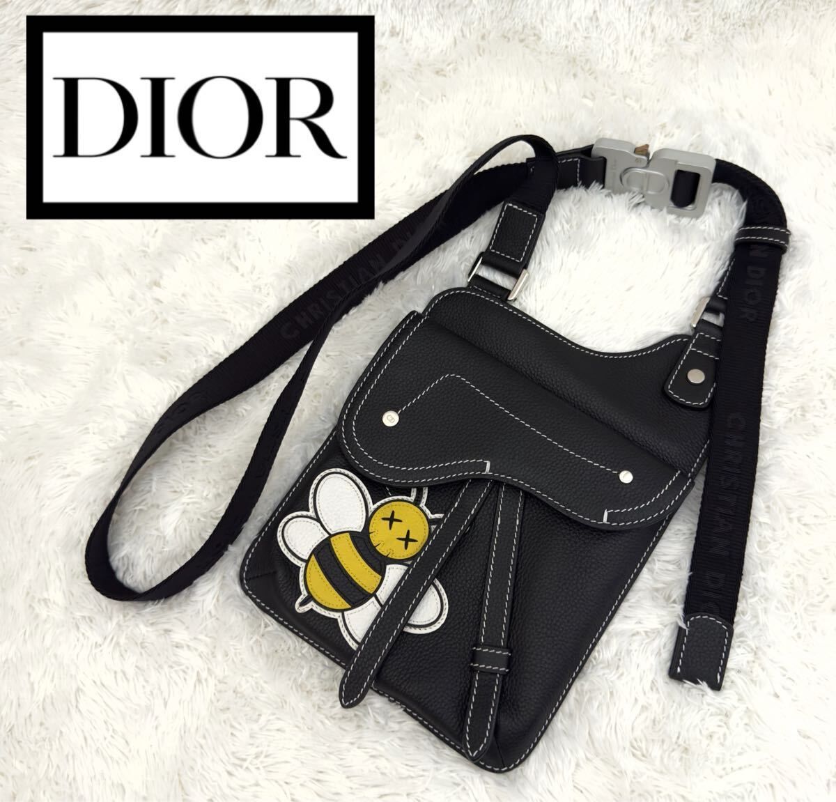 ☆新品同様☆激レア DIOR ディオール KAWS カウズ サドルショルダーバッグ ビー ブラック レザー