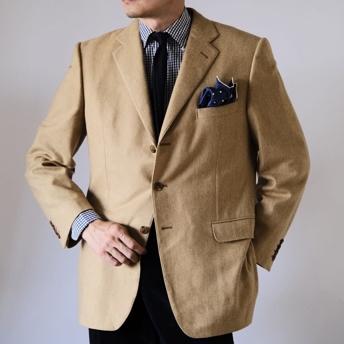 dunhillダンヒル ベージュヘリンボーンツイードジャケット54