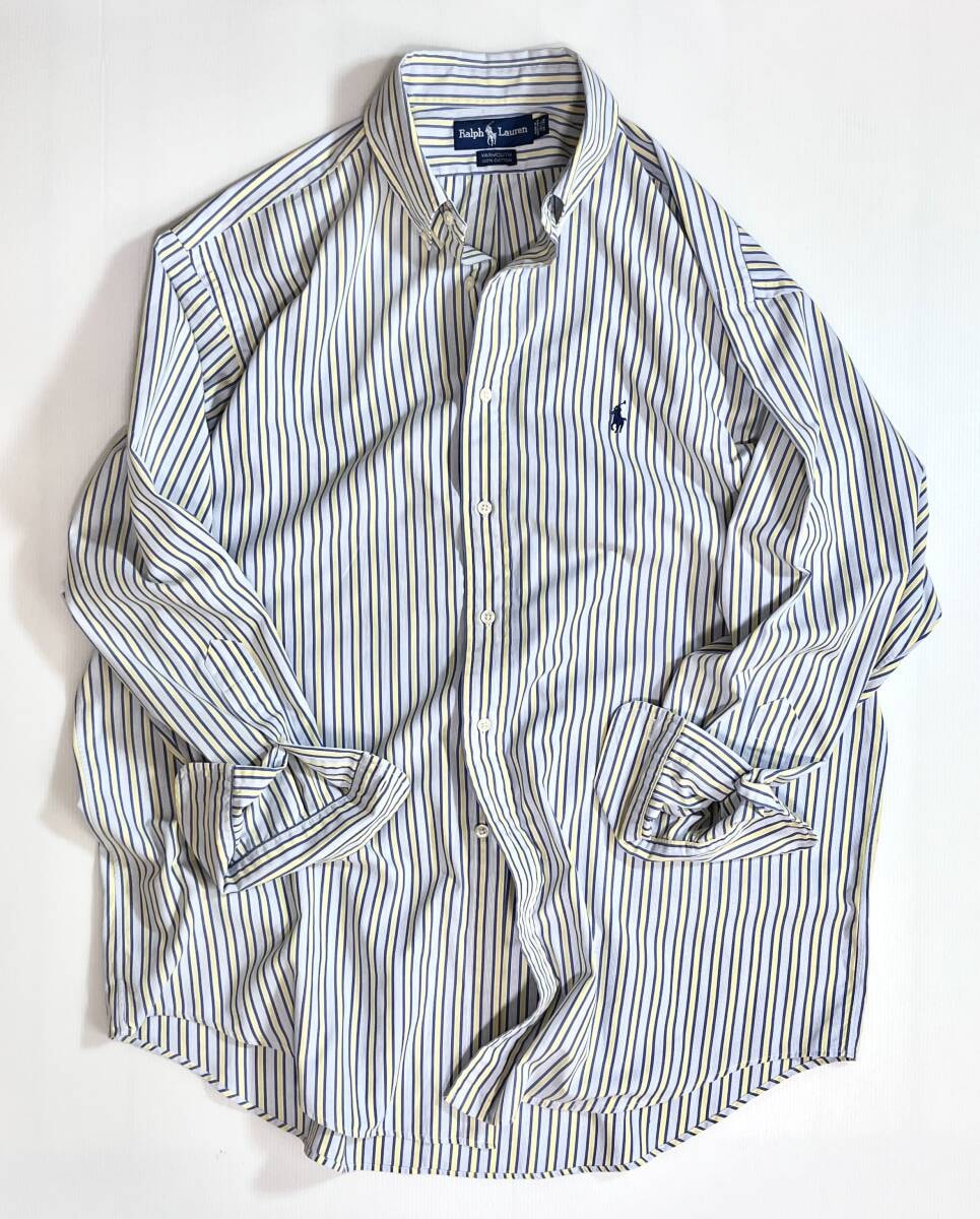 90s 好配色 Polo Ralph Lauren ポロラルフローレン 16 L マルチストライプ 長袖ボタンダウンシャツ BDシャツ 水色 レモンイエローp25073311