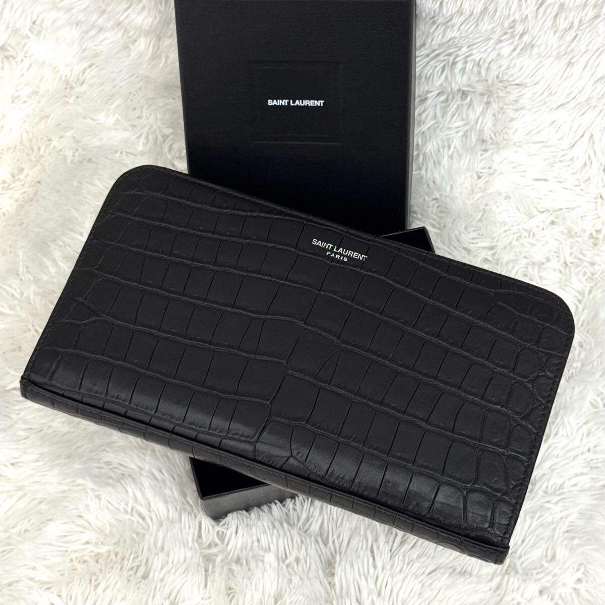 ☆極美品☆SAINT LAURENT サンローラン ラウンドファスナー 財布 クロコ型押し ブラック レザー 黒